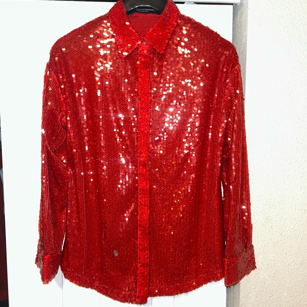 AKIRA Brand New Red Sequin Button-Up Shirt